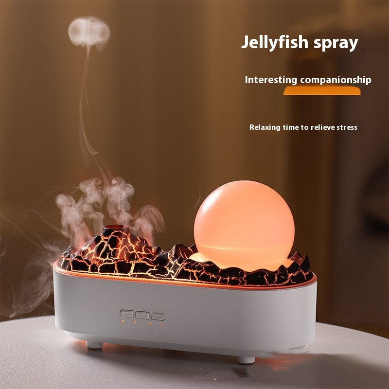 Crystal ball humidifier creating colorful mist in bedroom