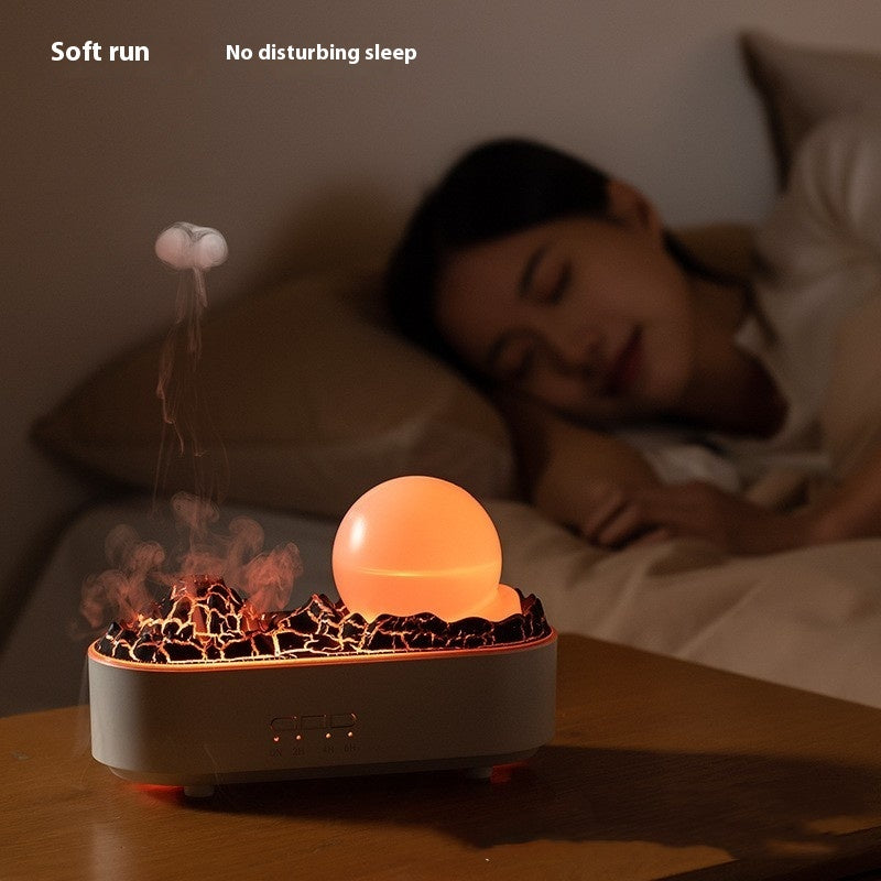 Crystal ball humidifier creating colorful mist in bedroom